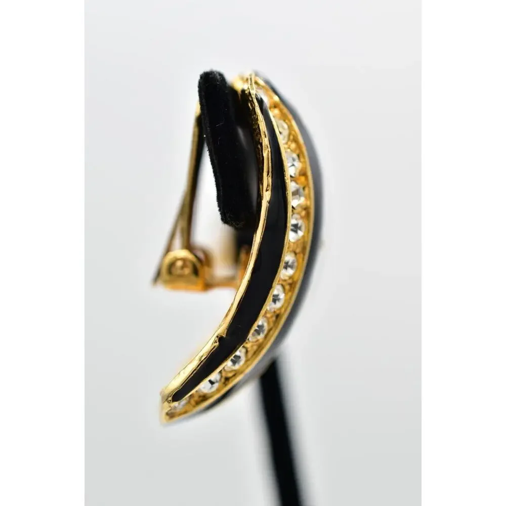 Vintage Crystal Clip On Earrings Black Enamel Rhinestone Gold Chunky 1980s BinBK